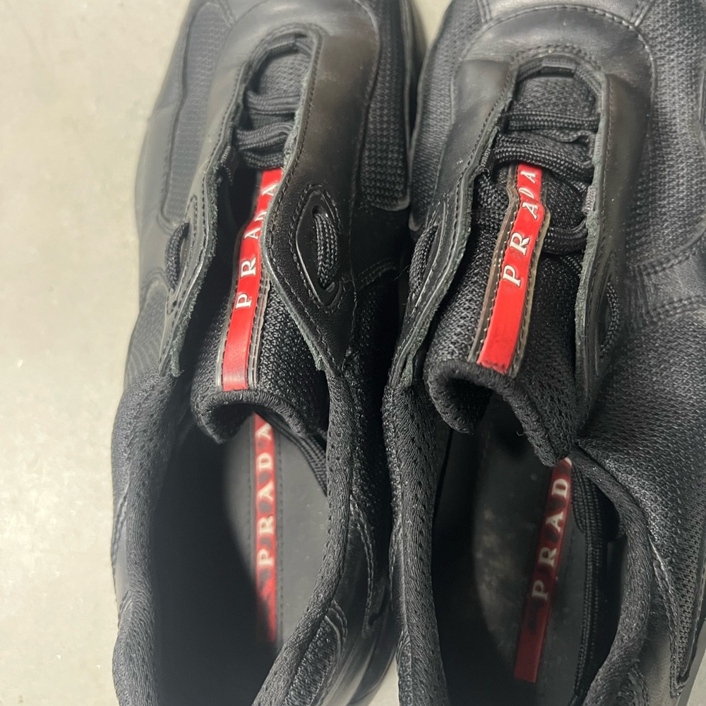 Prada Black Mesh & Leather Sneakers with Red Logo, sole need replacements